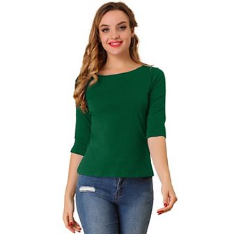 Women's Elbow Sleeves Boat Neck Slim Fit Classic Tee