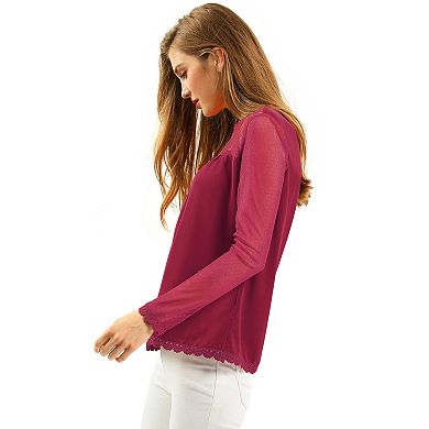 Women's Round Neck Casual Blouses Lace Floral Long Sleeve Chiffon Tops