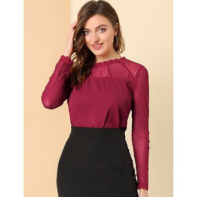 Women's Round Neck Casual Blouses Lace Floral Long Sleeve Chiffon Tops