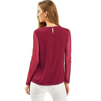 Women's Round Neck Casual Blouses Lace Floral Long Sleeve Chiffon Tops