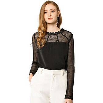 Women's Round Neck Casual Blouses Lace Floral Long Sleeve Chiffon Tops