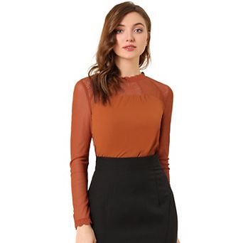 Women's Round Neck Casual Blouses Lace Floral Long Sleeve Chiffon Tops