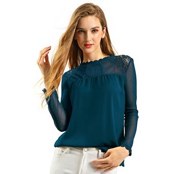 Women's Round Neck Casual Blouses Lace Floral Long Sleeve Chiffon Tops