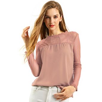 Women's Round Neck Casual Blouses Lace Floral Long Sleeve Chiffon Tops