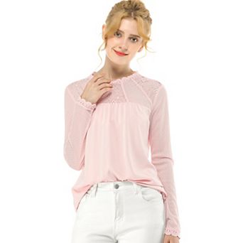 Women's Round Neck Casual Blouses Lace Floral Long Sleeve Chiffon Tops