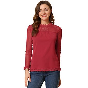 Women's Round Neck Casual Blouses Lace Floral Long Sleeve Chiffon Tops