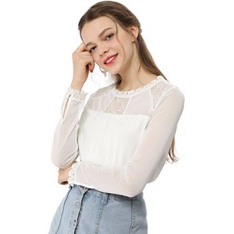 Women's Round Neck Casual Blouses Lace Floral Long Sleeve Chiffon Tops