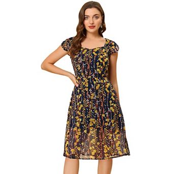 Women's Sweetheart Neck Smocked Cap Sleeve Floral Mid Length Dress