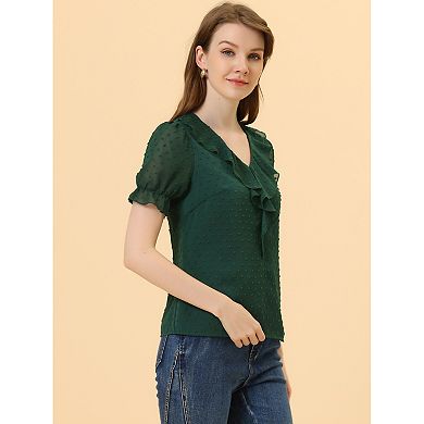 Women's Ruffle Blouse V Neck Swiss Dots Short Sleeve Chiffon Peasant Top