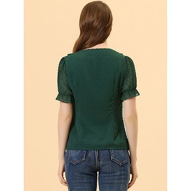 Women's Ruffle Blouse V Neck Swiss Dots Short Sleeve Chiffon Peasant Top