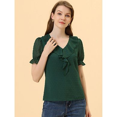 Women's Ruffle Blouse V Neck Swiss Dots Short Sleeve Chiffon Peasant Top