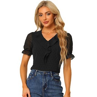 Women's Ruffle Blouse V Neck Swiss Dots Short Sleeve Chiffon Peasant Top