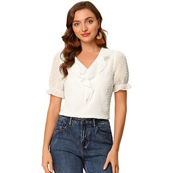 Women's Ruffle Blouse V Neck Swiss Dots Short Sleeve Chiffon Peasant Top