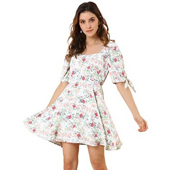 Women's Floral Sweetheart Neck Elbow Sleeve Fit And Flare A-line Mini Dress