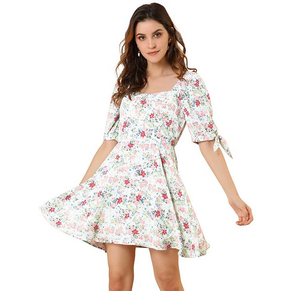 Women's Floral Sweetheart Neck Puff Sleeve Fit and Flare A-Line Mini Dress