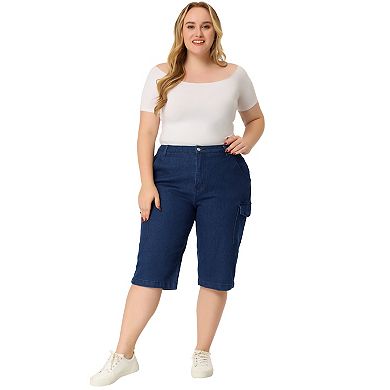 Plus Size Jeans for Women Zipper Slash Pocket Button Denim Cargo Pants
