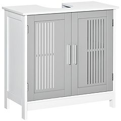 kleankin Bathroom Cabinet Organizer with 2-Tier Open Shelves, Double Door Enclosed Storage and Elevated Base - Grey