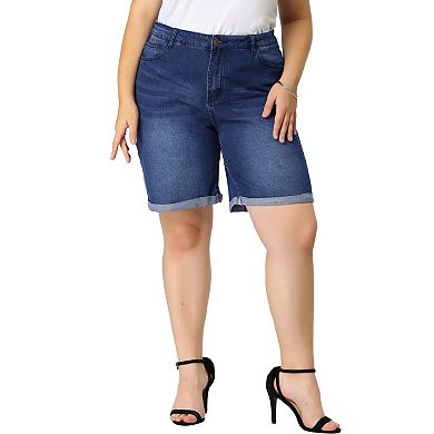 Women's Plus Size Jeans Pants Roll Hem Washed Denim Shorts
