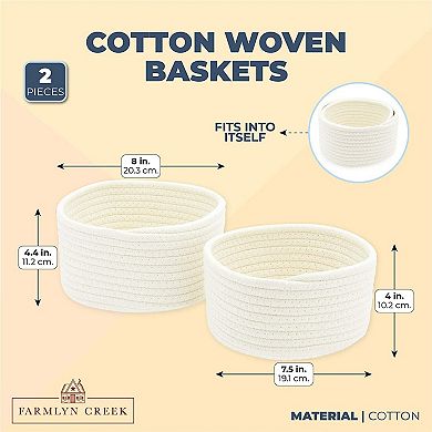 Farmlyn Creek Cotton Woven Baskets for Storage, White Organizers (2 Sizes, 2 Pack)