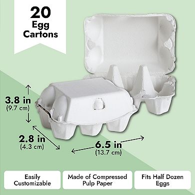 20 Pack, 6 Count Empty Egg Cartons For Chicken Eggs, 1/2 Dozen Cartons, White