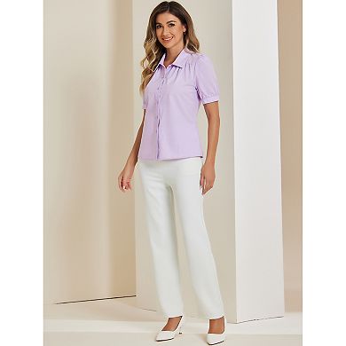 Women's Elegant Cotton Puffy Short Sleeve Button Front Shirt Top