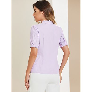 Women's Elegant Cotton Puffy Short Sleeve Button Front Shirt Top