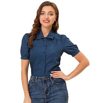 Women's Elegant Cotton Puffy Short Sleeve Button Front Shirt Top