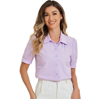 Women's Elegant Cotton Puffy Short Sleeve Button Front Shirt Top