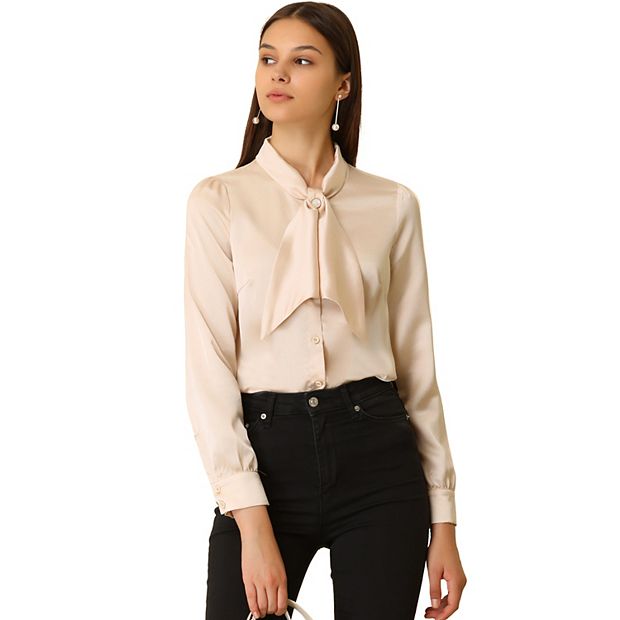 Women's Button Down Shirt Tie Neck Satin Blouse Business Casual Tops