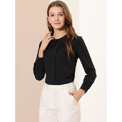 Women's Swiss Dots Long Sleeves Button Front Shirt Peter Pan