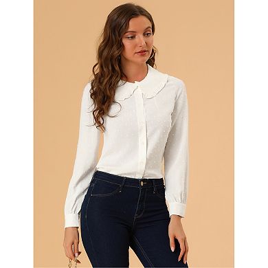 Women's Swiss Dots Long Sleeves Button Front Shirt Peter Pan Collar Blouse