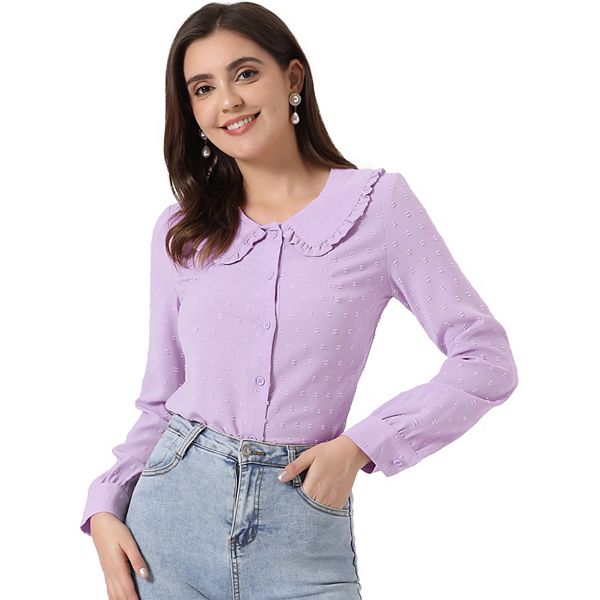 トップス S front belt blouse Women's Swiss Dots Long Sleeves Button Front Shirt Peter Pan