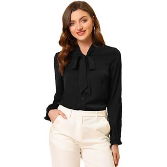 Women's Elegant Bow Tie Neck Blouse Long Sleeve Work Chiffon Shirt