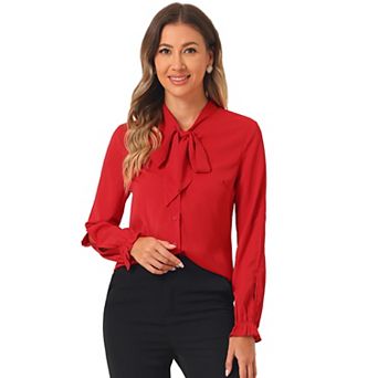 Women's Elegant Bow Tie Neck Blouse Long Sleeve Work Chiffon Shirt