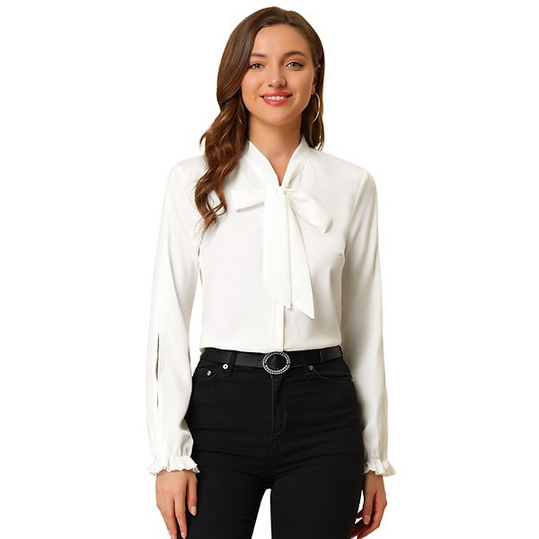 Women's Elegant Bow Tie Neck Blouse Long Sleeve Work Chiffon Shirt