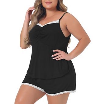 Plus Size Pajama Set For Women Contrast Color Cami Strap Lace Trim Sleeveless Sleepwear