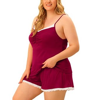 Plus Size Pajama Set For Women Contrast Color Cami Strap Lace Trim Sleeveless Sleepwear