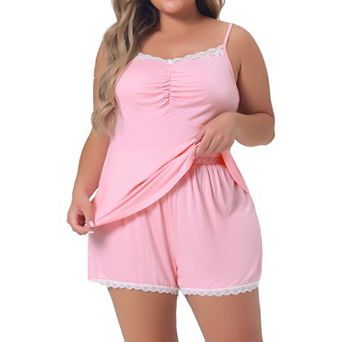 Plus Size Pajama Set For Women Contrast Color Cami Strap Lace Trim Sleeveless Sleepwear