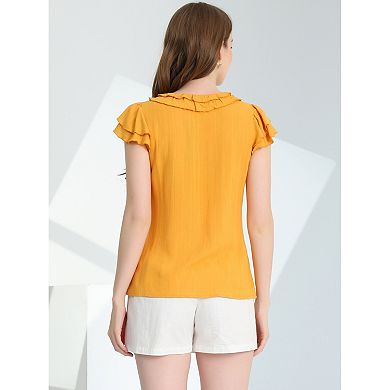 Women's Flutter Sleeve Button Front Ruffle Neck Tie Neck Work Blouse