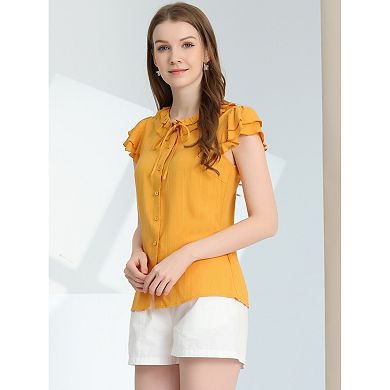 Women's Flutter Sleeve Button Front Ruffle Neck Tie Neck Work Blouse