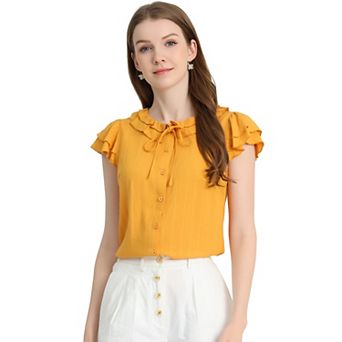 Women's Flutter Sleeve Button Front Ruffle Neck Tie Neck Work Blouse