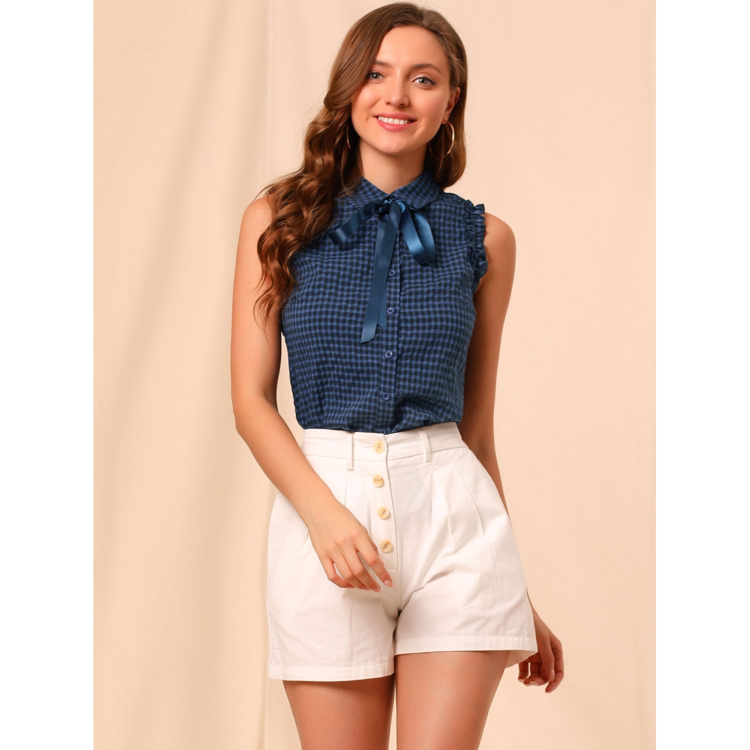 Rooscier Women's Bow Tie Blouse - Ruffle Cap Sleeve Office Shirt For Work & Business