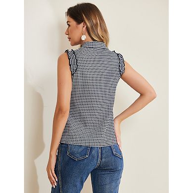 Women's Bow Tie Neck Ruffle Trim Sleeveless Gingham Office Shirt Blouse