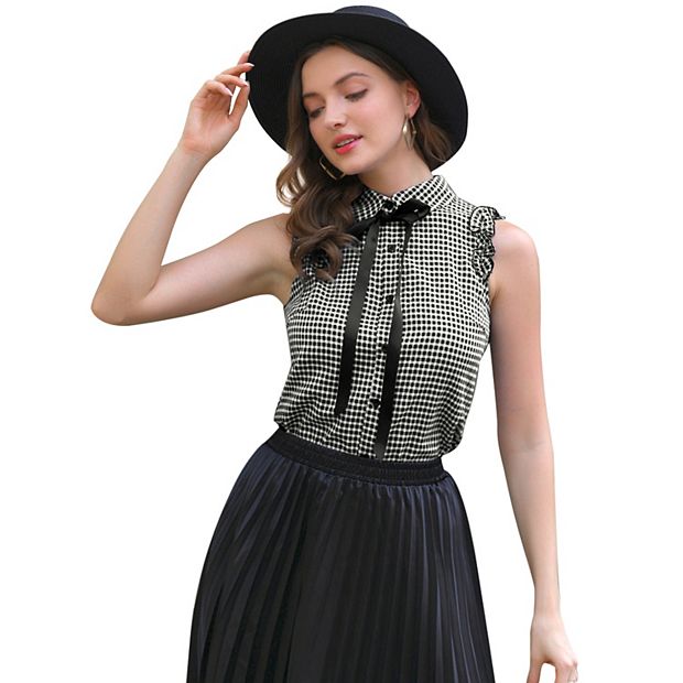 Women's Bow Tie Neck Ruffle Trim Sleeveless Gingham Office
