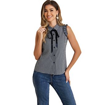 Women's Bow Tie Neck Ruffle Trim Sleeveless Gingham Office Shirt Blouse