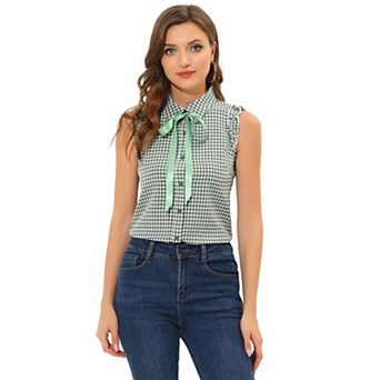 Women's Bow Tie Neck Ruffle Trim Sleeveless Gingham Office Shirt Blouse