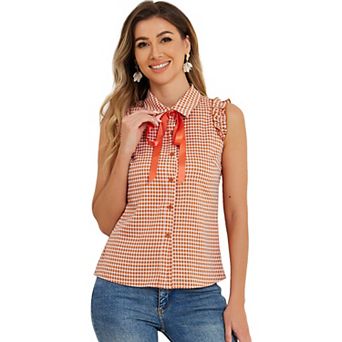 Women's Bow Tie Neck Ruffle Trim Sleeveless Gingham Office Shirt Blouse