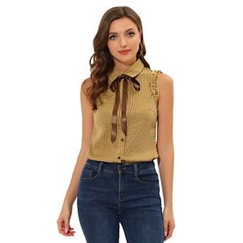 Women's Bow Tie Neck Ruffle Trim Sleeveless Gingham Office Shirt Blouse
