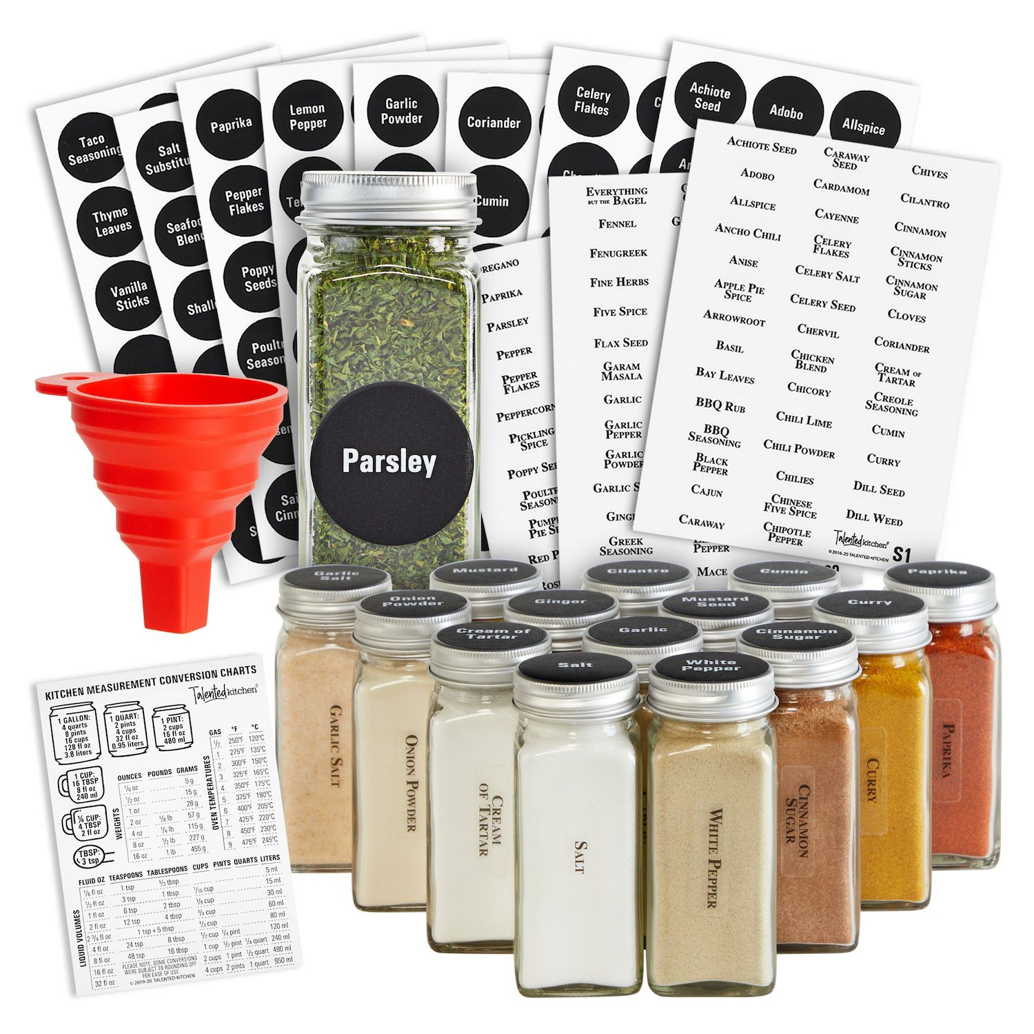 Spice Racks with 24 Glass Spice Jars & 2 Types of Printed Spice Labels by  Talented Kitchen. Complete Set: 2 Shelf Stainless Steel 3-Tier Racks, 24