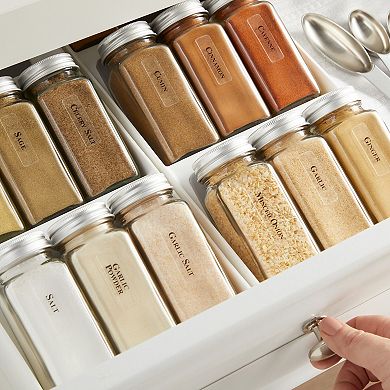 Talented Kitchen 14 Pack Glass Spice Jars with 269 Spice Labels, Empty Square Spice Bottles Containers 4 oz with Pour/Sift Shaker Lid, Spice Organization and Storage (Water Resistant)
